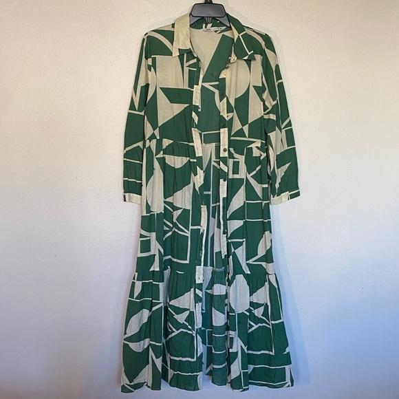 Zara Dresses & Skirts - Zara Green and Cream Geometric Maxi Shirt Dress